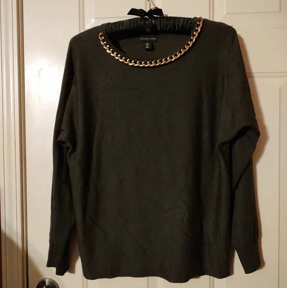 🔸🌿🔸NWOT Stellar Adrienne Vittadini Dark Olive & Gold Batwing Top Blouse - L - Picture 4 of 16